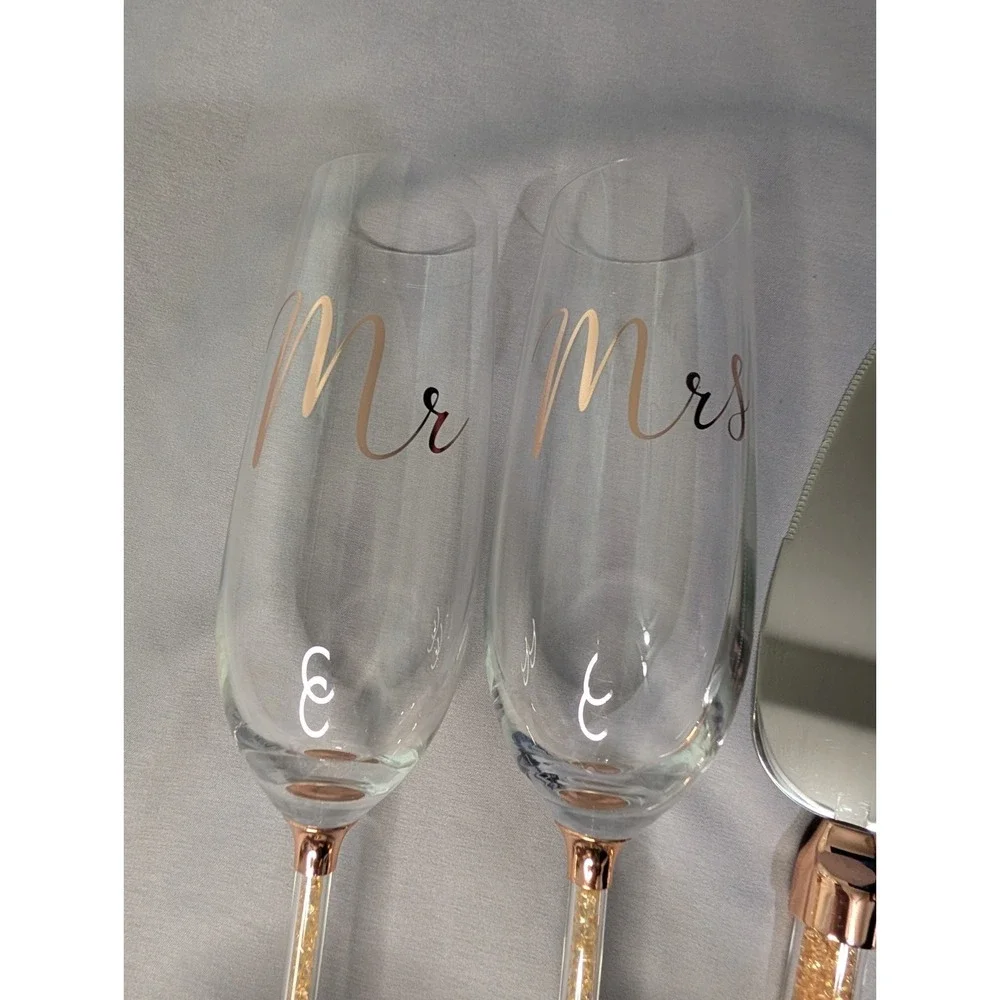 Mr Mrs Wedding Champagne Flutes Cake Knife Server Set Rose‎ Gold Glitter